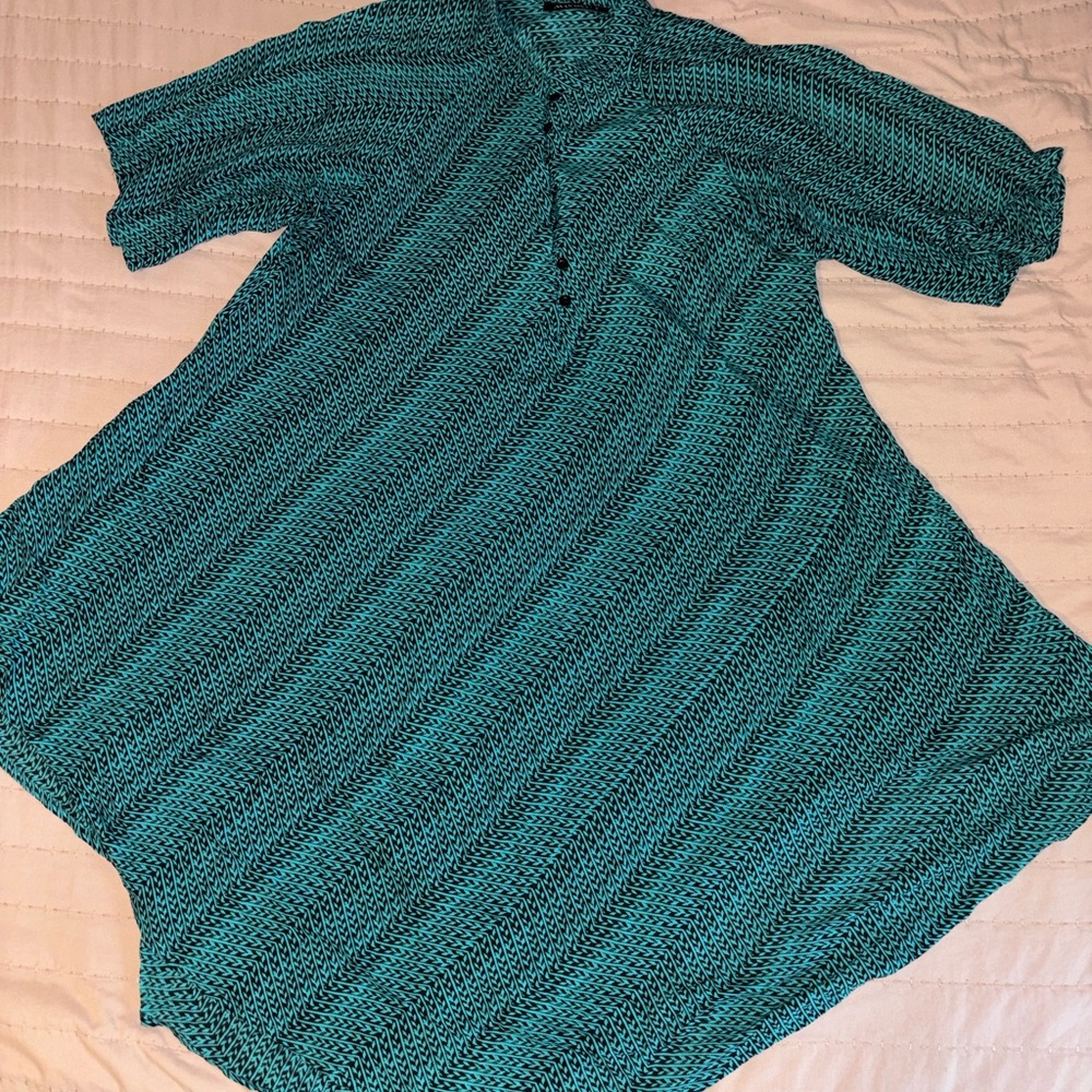 Manaola Mandarin Collar Teal Patterned Dress